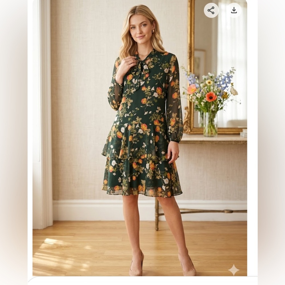 Lauren Ralph Lauren Dark Green Floral Tiered‎ Peasant Long-Sleeve Dress chiffon